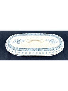 Antique Davenport Razor Toothbrush Dish w/Lid Blue White Flower Ironstone 7.5"